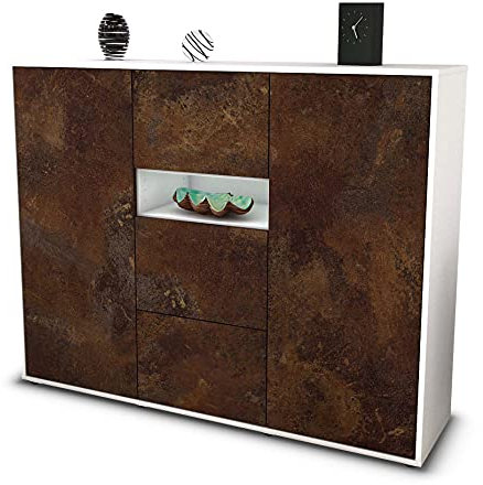 Stil.Zeit Highboard Kommode Quinta, Korpus Weiss matt, Front Industrie-Design Rost (136x108x35cm), Push-to-Open Technik & Leichtlaufschienen