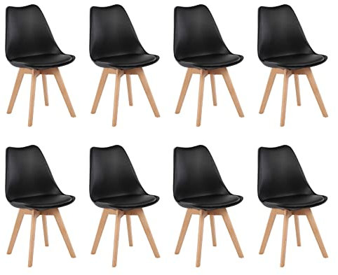 EGGREE Pack de 8 Sillas de Comedor Sillas Cocina Nordica con Asiento Tapizado y Las piernas de Madera de Haya Maciza, Negro