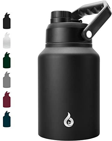 BJPKPK 64oz Insulated Water Bottle, Dishwasher Safe Half Gallon Water Bottle with Ergonomic Handle, BPA Free Leak Proof Water Jug for Sports, Metal Water Bottle with Anti-Slip Bottom, Black