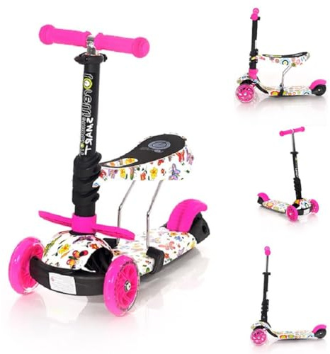 Lorelli Kinderroller Laufrad 2 in 1 Smart PU Räder leuchten klappbar verstellbar rosa Schmetterlinge