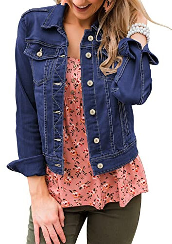Roskiky Women's Fitted Denim Jacket - Stretch Casual Jacket, Comfy Summer Clothes in Blue, Size XX-Large (Fits 24-26)
