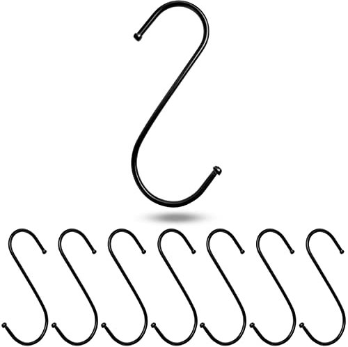S-Haken zum Einhängen, 8 Stück, in Schwarz, Metallhaken für bis Ø 42 mm Stangen, Länge 120 mm, S Haken für Küche, Kleiderstange, Garage, Topf, Pfanne, Tasse, Hängehaken, Küchenhaken, Doppelhaken Set