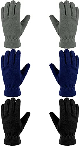 Geyoga 3 Paar Kinder Vlies Handschuhe Winter Vollfinger Fäustlinge für Jungen Mädchen (Blau, Grau, Schwarz, L (10-15 Jahre))