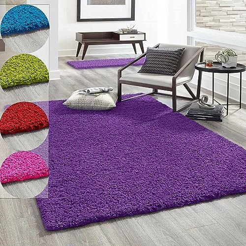VIMODA Hochflor Teppich Prime Shaggy Langflor Wohnzimmer Schlafzimmer Rund Farbig, Farbe:Lila, Maße:Ø 200 cm Rund