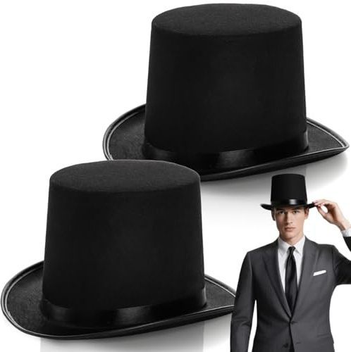Pumtus 2 Pack Black Felt Top Hats, Funny Party Magician Stovepipe Hat, Formal Tuxedo Ringmaster Vampire Hats, Dress Up Victorian Lincoln Hat for Cosplay, Halloween, Unisex
