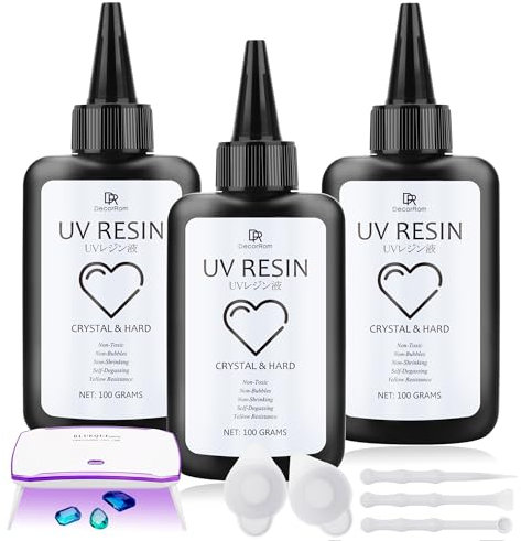 UV Harz mit 36W UV Lampe - 300g Harter Typ Kristallklarer UV Kleber mit UV Lampe und Mischzubehör für die DIY Schmuckherstellung, Harzformen - Geruchsarmes UV Epoxidharz für Harz Malerei, Anhänger