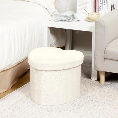 Bonlife White Boucle Ottoman with Storage,Foldable Footstool for living room,Toy Chest,Storage Seat Teddy Heart Shape Footrest,38X38X32cm