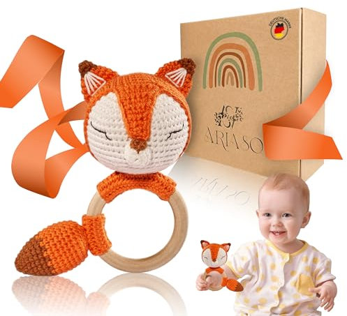 ARIASO® Babyrassel Gehäkelt Greifling Baby Beißring Holz gehäkelte Baby Rassel Geschenk zur Geburt für Junge und Mädchen Inkl. Geschenk Karte ab 0 Monate, (Fuchs)