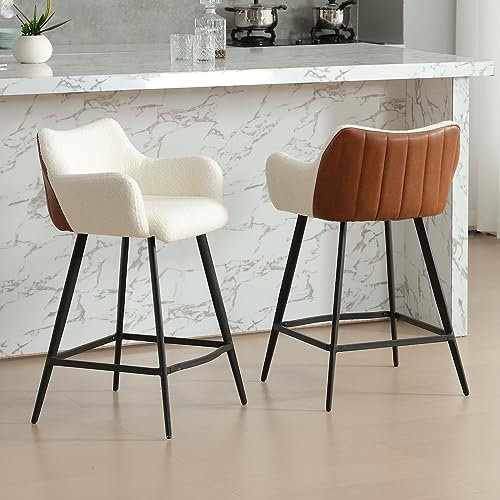 Wahson Barhocker 2er Set Thekenhocker, Barstühle mit Lehne 2 farbig Bistrohocker aus Teddystoff Kunstleder, Moderne Frühstückshocker für Küche/Hausbar, Weiß