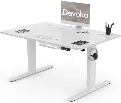 Devoko 120x80cm Escritorio Elevable Eléctrico de Carga Tipo A, Escritorio para Computadora Ajustable en Altura con Bandeja de Gestión de Cables y Memoria de 3 Funciones, Blanco