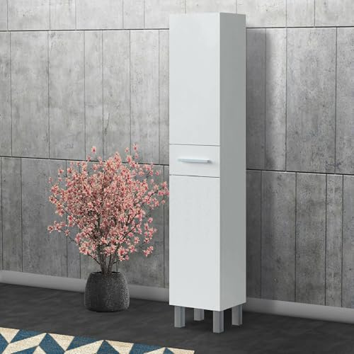 Dmora - Säulenschrank Wilmington, Badezimmerwandschrank mit 2 Türen und 1 Schublade, hoher Kleiderschrank, 35 x 31 x 182 cm, glänzendes Weiß