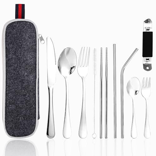 Kit couverts,11 pcs Ensemble de Couverts Transportables,Couverts de Camping,Couverts de Voyage,Acier Inoxydable Ensemble Couverts,Couteau,Fourchettes,Cuillères,Baguettes,Pailles,Brosse de Nettoyage