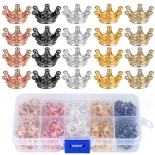 FINEASY 150 Stück Kleine Goldene Kronen Glückswürmchen, 5 Farben Krone Deko Sorgenwürmchen Zubehör, Streusterne Gold Mini Krone Charms zum DIY Basteln, 3D Mini Kronen für Armband Anhänger
