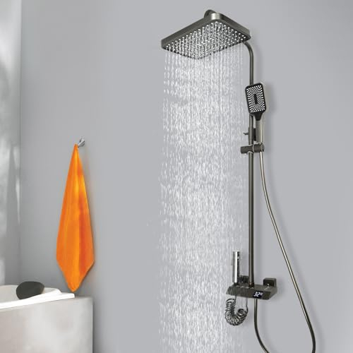 Duschsystem mit Armatur,4 in 1 Messing Duschset mit Regendusche, 3 Modus Wandmontiert Duschsäule Duschgarnitur mit LED-Anzeigebildschirm