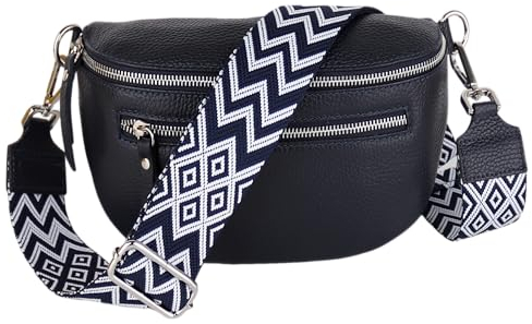 MIRROSI® Damen Bauchtasche Umhängetasche 27x14,5x8cm Damen, Made in Italy, aus Echtleder Tasche Echtes Leder, Brusttasche, Crossbody Bag,Bohemian Style (1 Tasche 2 Gurte) (Navy Boho)