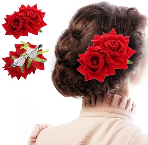 Qianyu Rose Flower Hair Combs Red Rose Flower Bohemia Flannel Elegant Hairpins Bride Hanfu Costume Hair Clips Decor Accessories for Women Girls Party Wedding Mother's Day Headpieces