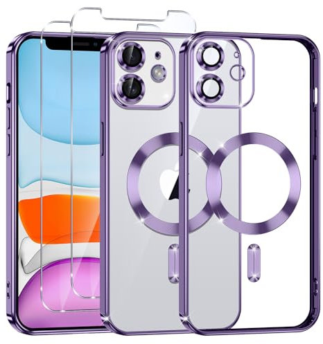 Phoona Cover Placcatura per iPhone 11 6,1 Pollici, Obiettivo per Fotocamera Protezione Completa e 2 × vetro temperato, Compatibile con MagSafe Ricarica Wireless, Protezione Militare, Viola