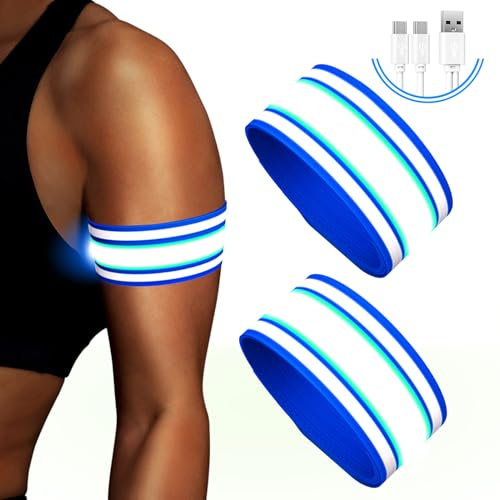 Led Armband Aufladbar,2 Stück Reflective LED leucht Armbänder Lichtband Kinder Leuchtbänder USB Reflektorband Leuchtarmband Reflektorband Nacht Sicherheits Licht für Joggen Laufen Running (Blue)