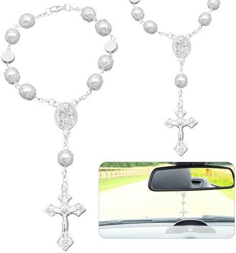Autospiegel Anhänger,Auto Zubehör Anhänger,Auto Deko Innenraum,Rückspiegel Rosenkranz Kette,Kreuz Talisman Glücksbringer Dekoration,Car Accessories Interior,Auto Anhänger für Spiegel