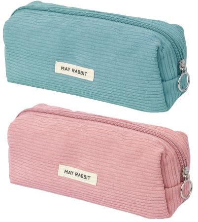 TAIHOBO Federmäppchen, Einfarbiges Mäppchen Aesthetic, 2 Stück Cord-Stoff Federtasche, Canvas Federmappe, Multifunktionales Pencil Case Waschbar Etui für Schulsachen Büro (Blaugrün, Rosa)