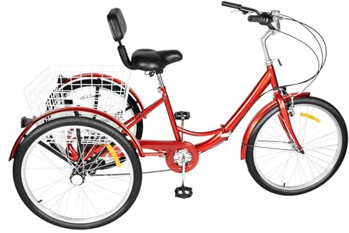 SUONTY 24 Zoll Dreirad für Erwachsene,7-Gang Faltbares Fahrrad Dreirad für Erwachsene, Senioren, Frauen, Männer Lastenfahrrad 3 Räder Fahrrad mit Einkaufskorb,Rot