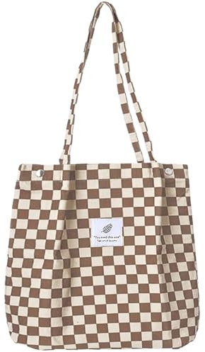 Bikasun Groß Umhängetasche Damen Cord Schultertasche Strandtasche Cord Tasche Crossbody Tasche Shopper Tote Bag Einkaufstasche Handtasche Shopper für Arbeit Einkaufen Schule Braun Schachbrettmuster