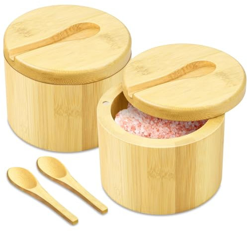 Flexzion Bamboo Salt Cellar with Lid and Spoon - Salt and Pepper Containers for Paprika, Herbs, Spice, Sugar - Bamboo Pepper Jar Storage Box Holder w/Magnetic Swivel Lid for Kitchen, 6 oz (Set of 2)