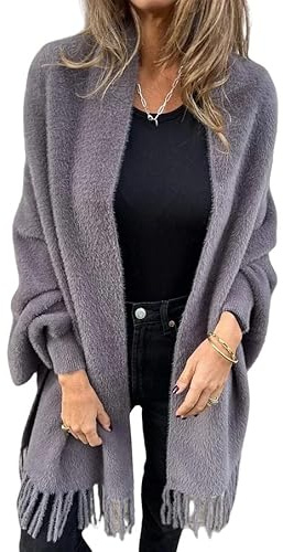 LIUYUYOUGO Etole Femme Chic Mariage Poncho Cardigan Pour Femme Mi-Long Châle Cache-Cœur Pull Manteau Élégant Flou Tricoté Cape Écharpe À Franges Avec Manches Chauve-Souris Doux Chaud Moelleux