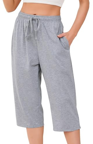 Vlazom Cotton Women's Pyjamas Bottoms Casual Capri Pants Short Ladies Lounge Pants with Pockets Drawstring Sleepwear, Light Grey, M