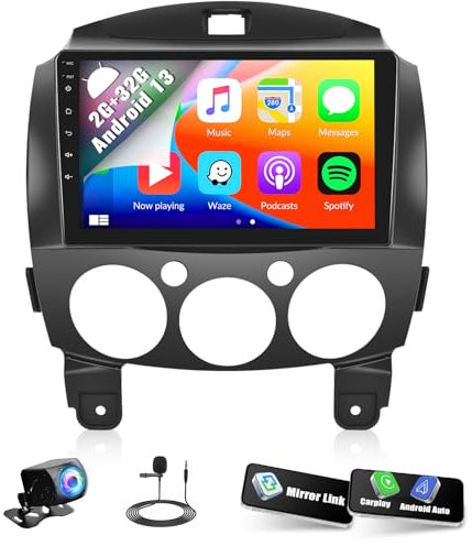 SIXWIN Android Car Stereo for Mazda 2 2007-2014 with Wireless CarPlay Android Auto Mirror Link 9 Inch Touchscreen 2G+32G with Bluetooth GPS Navigation WiFi FM Backup Camera MIC