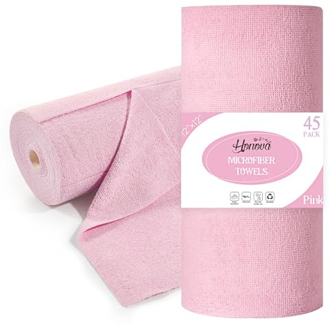 Microfiber Cleaning Cloth Roll 45 Pack, 12×12, Reusable, Tear Away, Pink