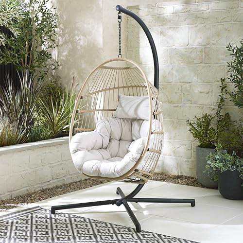 Furniturebox UK Outdoor Furniture, Rattan Hanging Egg Chair, Light Brown Swing Chair, Cream Cushions, Free Weather Resistant Cover, For Balcony Garden Patios & Decks