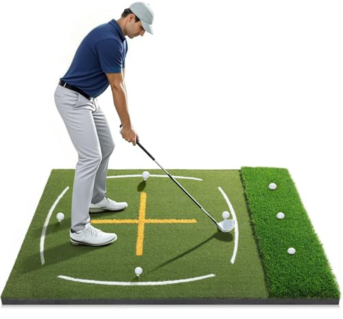 Golf Mat with Dual Turf | Golf Hitting Mat with Standing Guide-Line & Swing Path Line, 5x4ft Thickened Green Turf Practice Mats for Indoor or Outdoor Use, Ideal Gifts for Men Dad Husband & Golfers