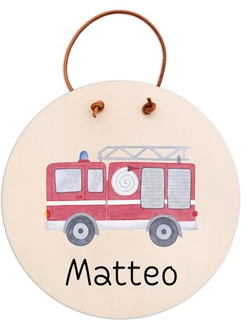 wunderwunsch Türschild Kinderzimmer, Namensschild, Holzschild Kinder personalisiert, Kids and Baby, Deko Babyzimmer individualisiert (Feuerwehr, 20cm Durchmesser)