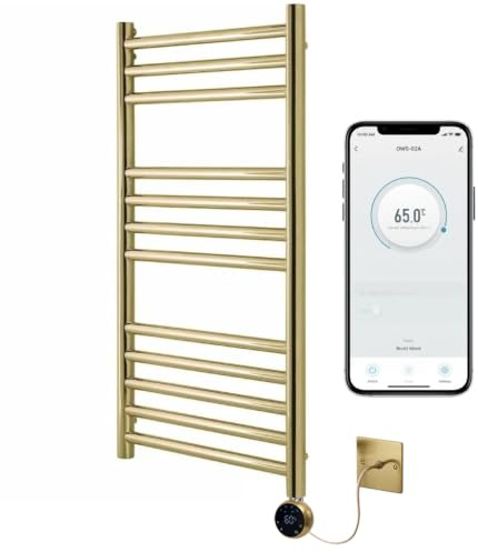 Boston Electric Brushed Brass WiFi Heated Towel Rail 500mm W x 800mm H | Smart WiFi Controlled, Stainless Steel, Rust-Resistant, 7 Day Programming, App Compatibility