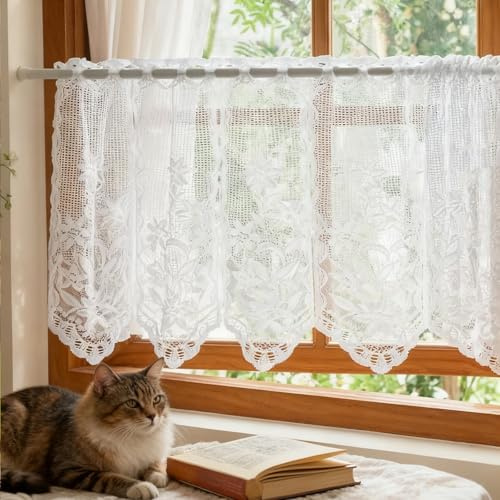 Scheibengardine Voile Kurz Bistrogardine - 1 Stück Spitzenvorhänge mit Blumen Transparent Jacquard Gardine Kurze Hohle Stickerei Vorhänge, Kurze Küchengardinen mit Gebogter Kante (BxH 100 x 45cm)