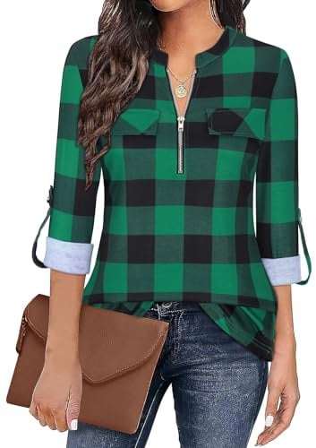 Gemulate Green Tunic Long Sleeves Plus Size Ladies Zip Up Shirt 3/4 Sleeve Tops for Women Polo Neck Plaid Tunic Blouse Work Wear for Women UK Plaid Green XL