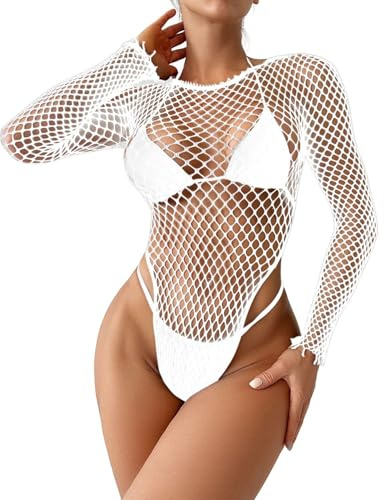 ROSVAJFY Women’s Sexy Fishnet Bodysuit Sheer Mesh Teddy Lingerie Long Sleeve Bodystocking High Cut Top One Piece for Clubwear Party Rave Outfits Beach Cover Up Black/White/Red