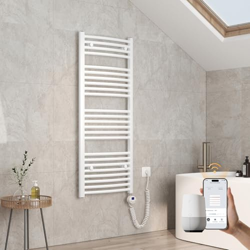 EMKE Gebogen Badheizkörper Elektrisch 1200x500 mm - WiFi Handtuchheizkörper Elektrisch, Elektrischer Handtuchwärmer Handtuchtrockner Handtuch Heizkörper Bad mit Thermostat und Heizstab - 500W, Weiß