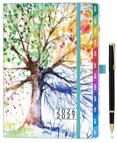 ZXHQ Schulplaner 2026–2027, 100g/m2, A5, Terminplaner 26-27 mit Monatsübersicht, Hardcover, Innentasche, 208 Seiten, 16,5 x 22 cm, Baum des Lebens
