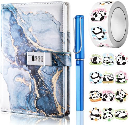 UNIANE Journal intime avec cadenas pour fille - Format A5 avec code - Carnet avec stylo et ensemble d'autocollants amusants - En cuir synthétique - Cadeau d'anniversaire - Bleu foncé