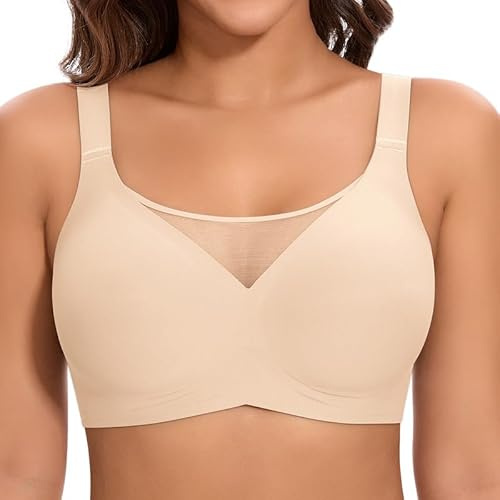 Cavotor Jelly Bras for Women Non Wired Comfort Support Gel Soft Bra Seamless Lace Wireless T Shirt Push Up Bralettes with Extender (#1 Beige,M)