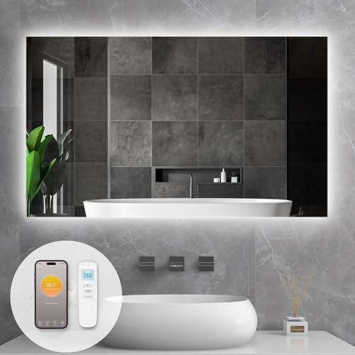 Infrarotheizung Spiegel mit Thermostat 580 Watt - Spiegelheizung Infrarot mit LED Beleuchtung Licht - Infrarot Wandheizung- APP Fernbedienung Steuerung - Elektroheizung - Badspiegel 100x60 CM