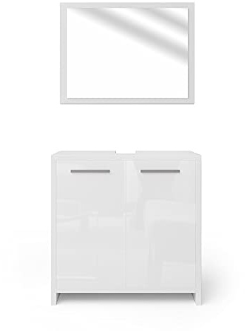 Vicco Badmöbel-Set Kiko, Weiß Hochglanz/Weiß, 58 cm, besteht aus Badspiegel und Waschbeckenunterschrank