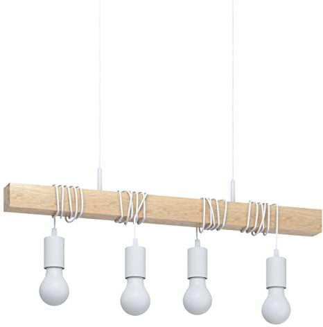 EGLO Pendellampe Townshend, 4 flammige Vintage Pendelleuchte im Industrial Design, Retro Hängelampe aus Stahl und Holz, Farbe: Weiß, braun, Fassung: E27