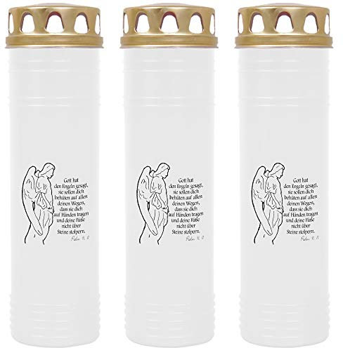 HS Candle Grabkerze - 3er Pack - (Weiß) Grablicht ca. 7 Tage Brenndauer je Kerze - Motiv: Engel