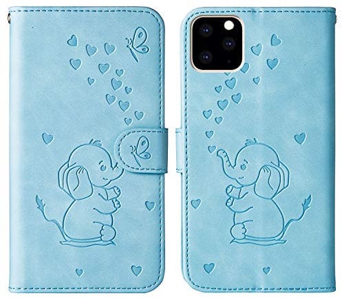 Tiyoo Embossed Love Heart Phone case for iphone 11 pro max Elephant Butterfly Pattern Folding Stand PU Leather Wallet Flip Cover Protective Case with Card Slots, Magnetic Closure (Blue)