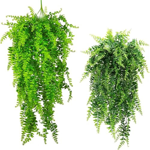 GBESTWOOW Boston Helechos Artificiales de ratán Persa Falso, Planta Colgante de Vid Verde sintética para Exteriores, Plantas de plástico Resistentes a los Rayos UV para Pared, decoración de Fiesta de