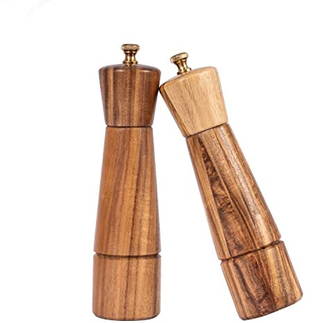 DeroTeno Moulin à poivre et sel, moulin à sel réglable en céramique, moulin à poivre en acier inoxydable., Bois d'acacia, Hauteur de 22 cm, Diamètre du fond de 5,5 cm (le plateau n'est pas inclus)