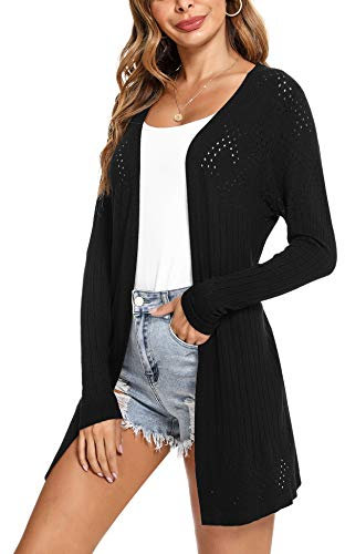 Totatuit Lightweight Long Cardigans for Women Ladies Long Sleeve Open Front Knitted Waterfall Boyfriend Longline Cardigan Coat A-Black